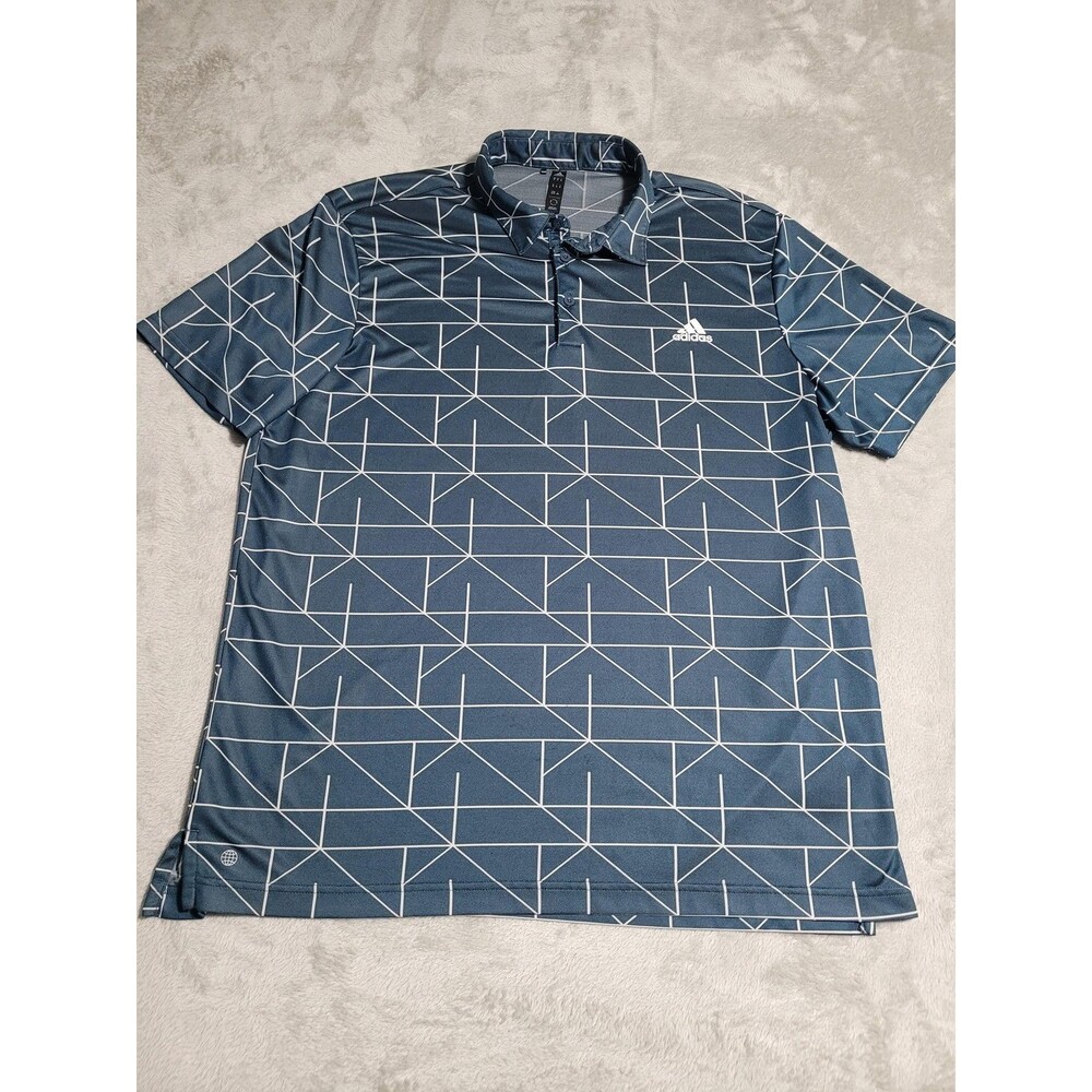 Adidas Polo Shirt Mens XL Blue Geometric Golf Performance Short Sleeve Jersey